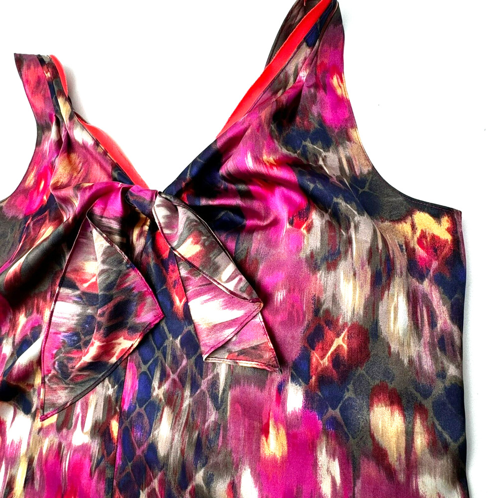 ELIE TAHARI Small Silky Satin Pink Watercolor Floral Tie‎ Sleeveless Top Blouse